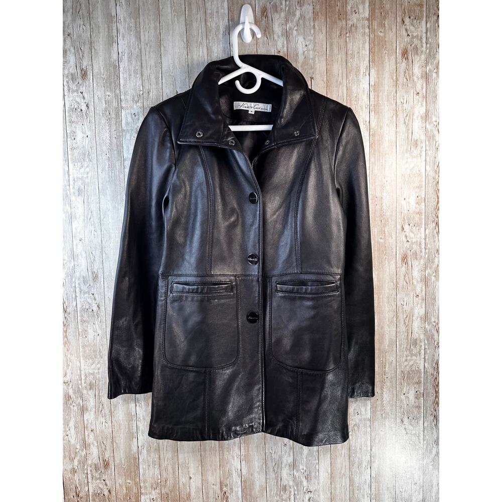 Reaction Kenneth Cole G-III Black Leather Coat Womens M Black Smooth Mid Length